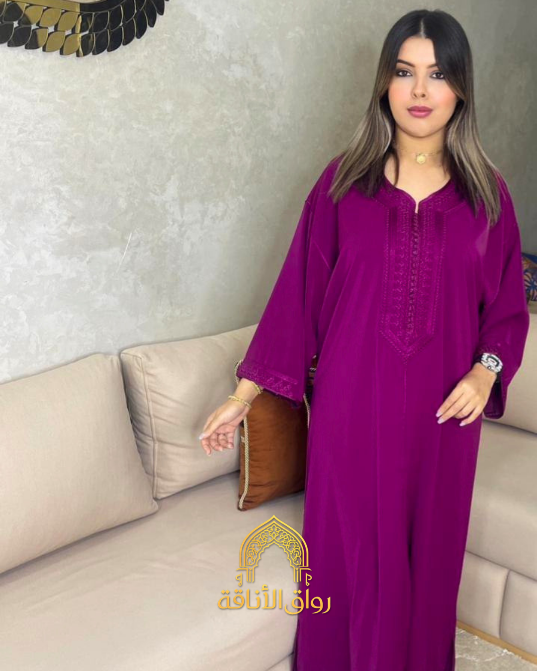قفطان مغربي نسائي كريب أنيق، تطريز تقليدي، 7 فصالة مخزنية