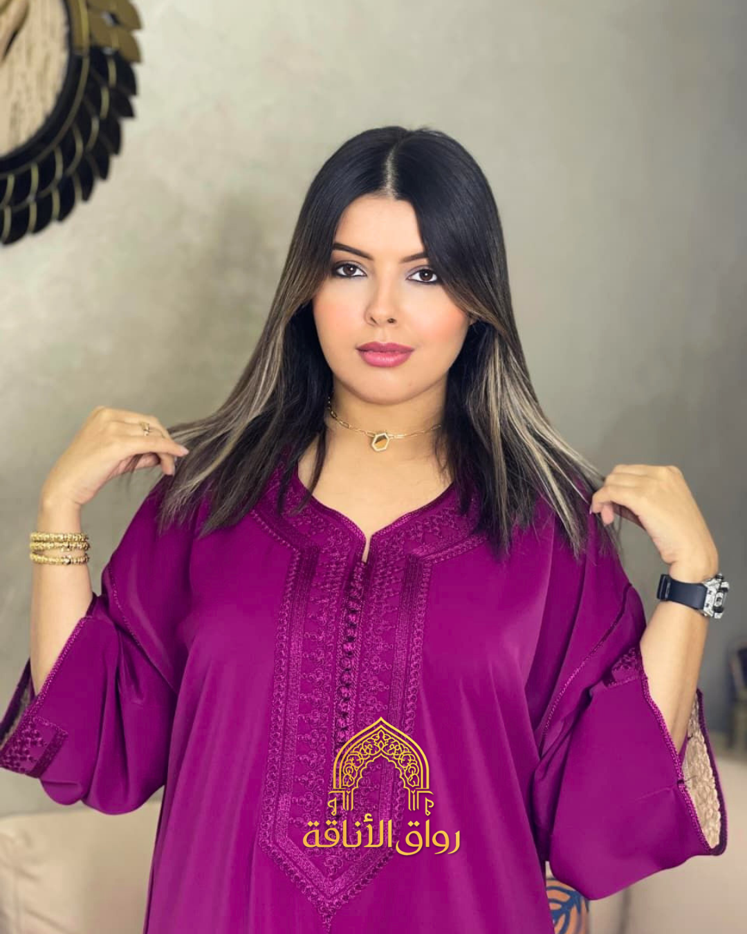 قفطان مغربي نسائي كريب أنيق، تطريز تقليدي، 7 فصالة مخزنية