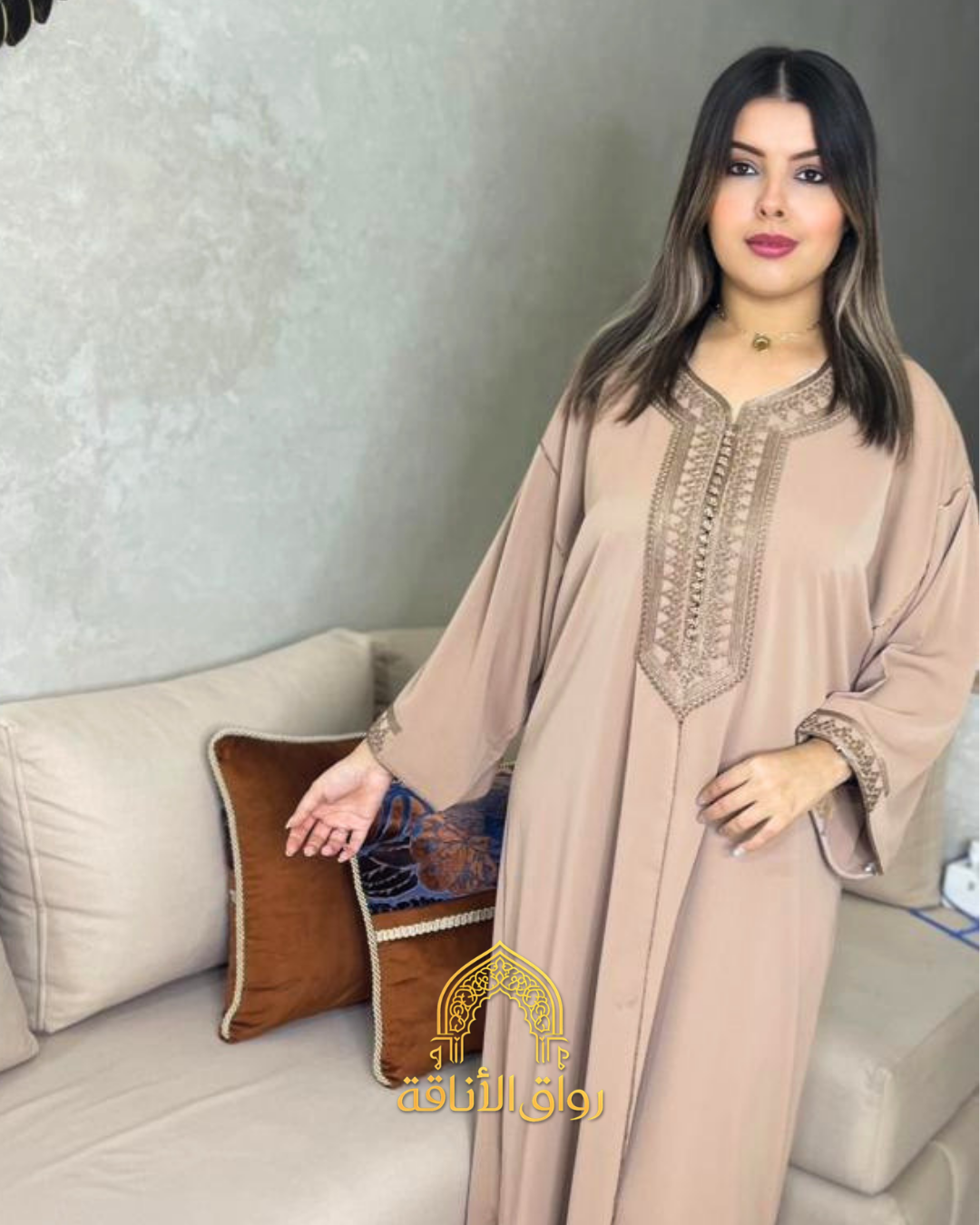 قفطان مغربي نسائي كريب أنيق، تطريز تقليدي، 7 فصالة مخزنية