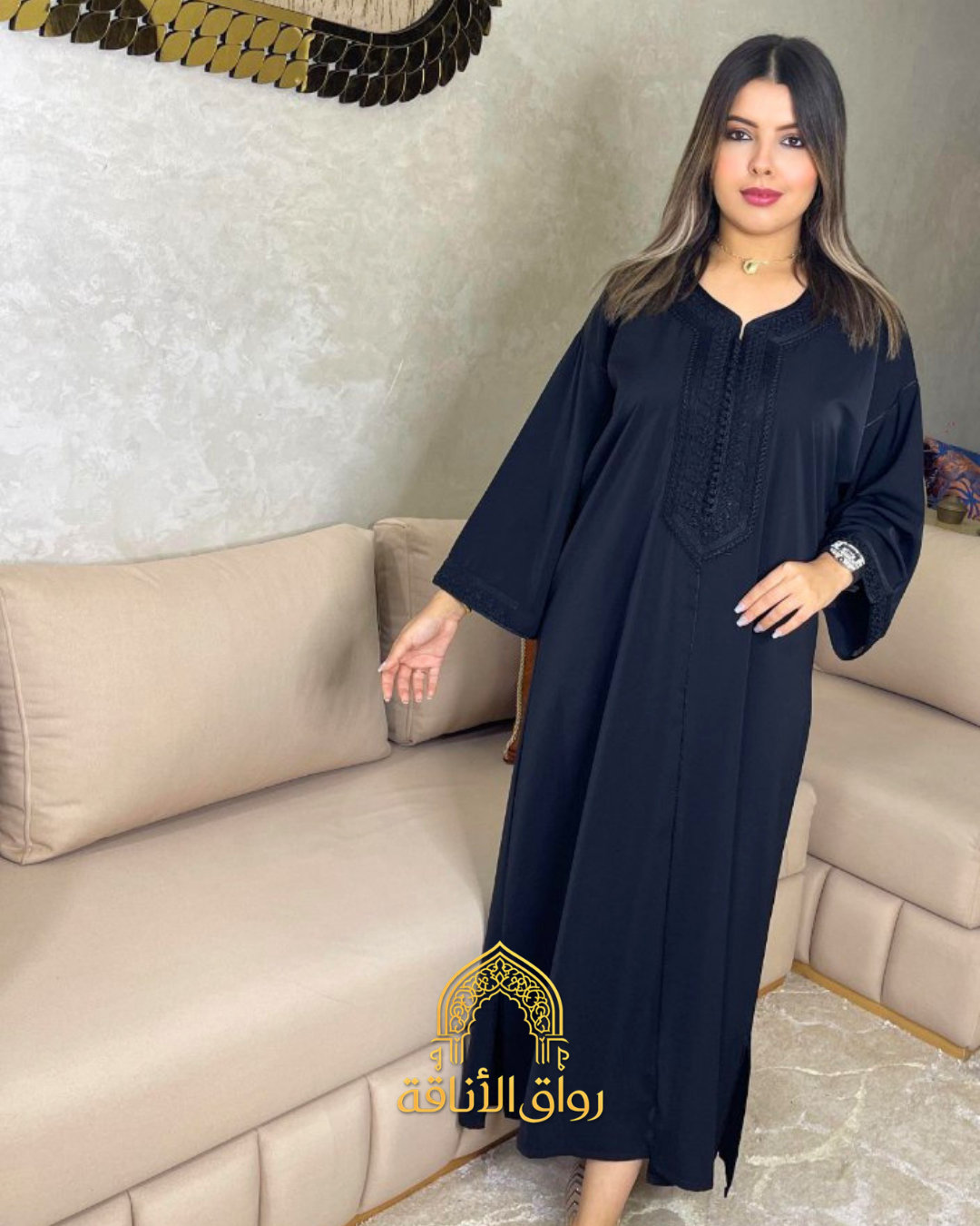 قفطان مغربي نسائي كريب أنيق، تطريز تقليدي، 7 فصالة مخزنية
