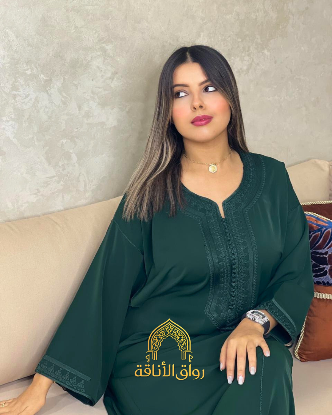 قفطان مغربي نسائي كريب أنيق، تطريز تقليدي، 7 فصالة مخزنية