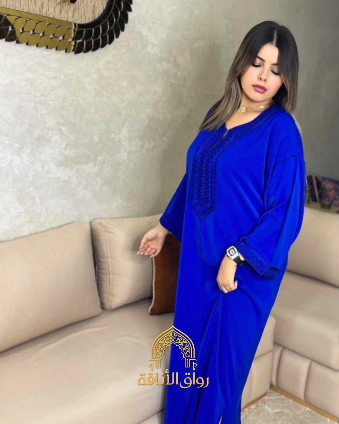 قفطان مغربي نسائي كريب أنيق، تطريز تقليدي، 7 فصالة مخزنية