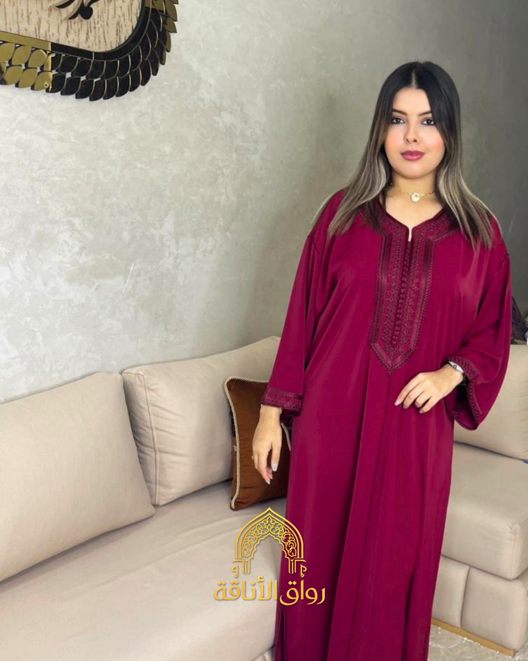 قفطان مغربي نسائي كريب أنيق، تطريز تقليدي، 7 فصالة مخزنية