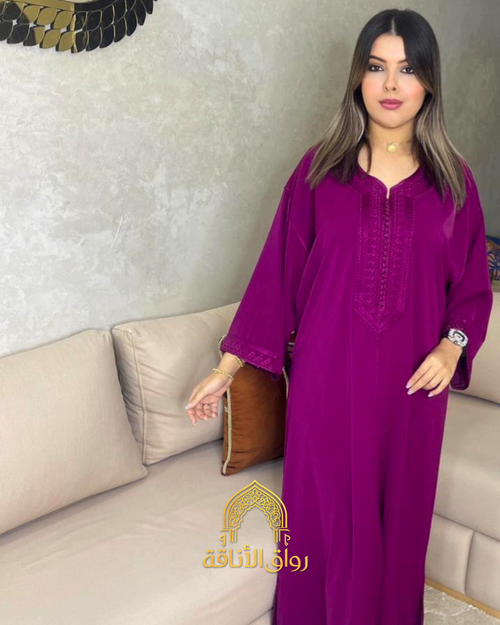 قفطان مغربي نسائي كريب أنيق، تطريز تقليدي، 7 فصالة مخزنية