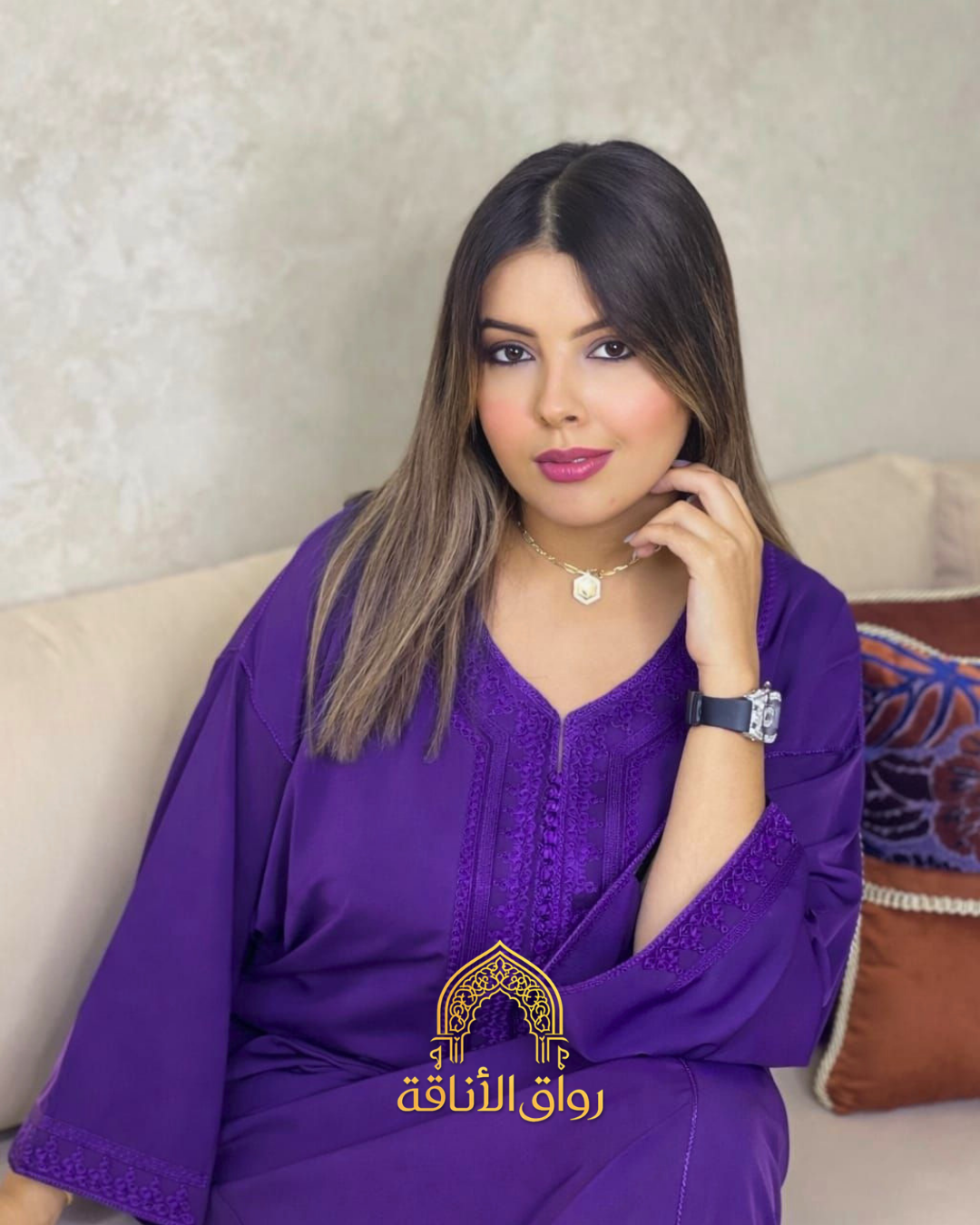 قفطان مغربي نسائي كريب أنيق، تطريز تقليدي، 7 فصالة مخزنية