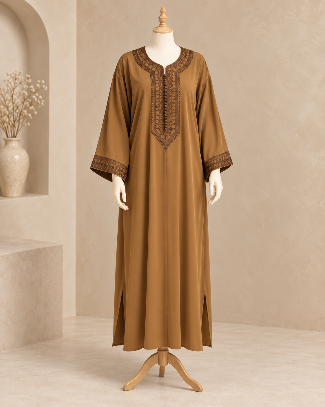 Kaftan marocain pour femme en crêpe de qualité supérieure, broderie traditionnelle, coupe "Makhzenia"