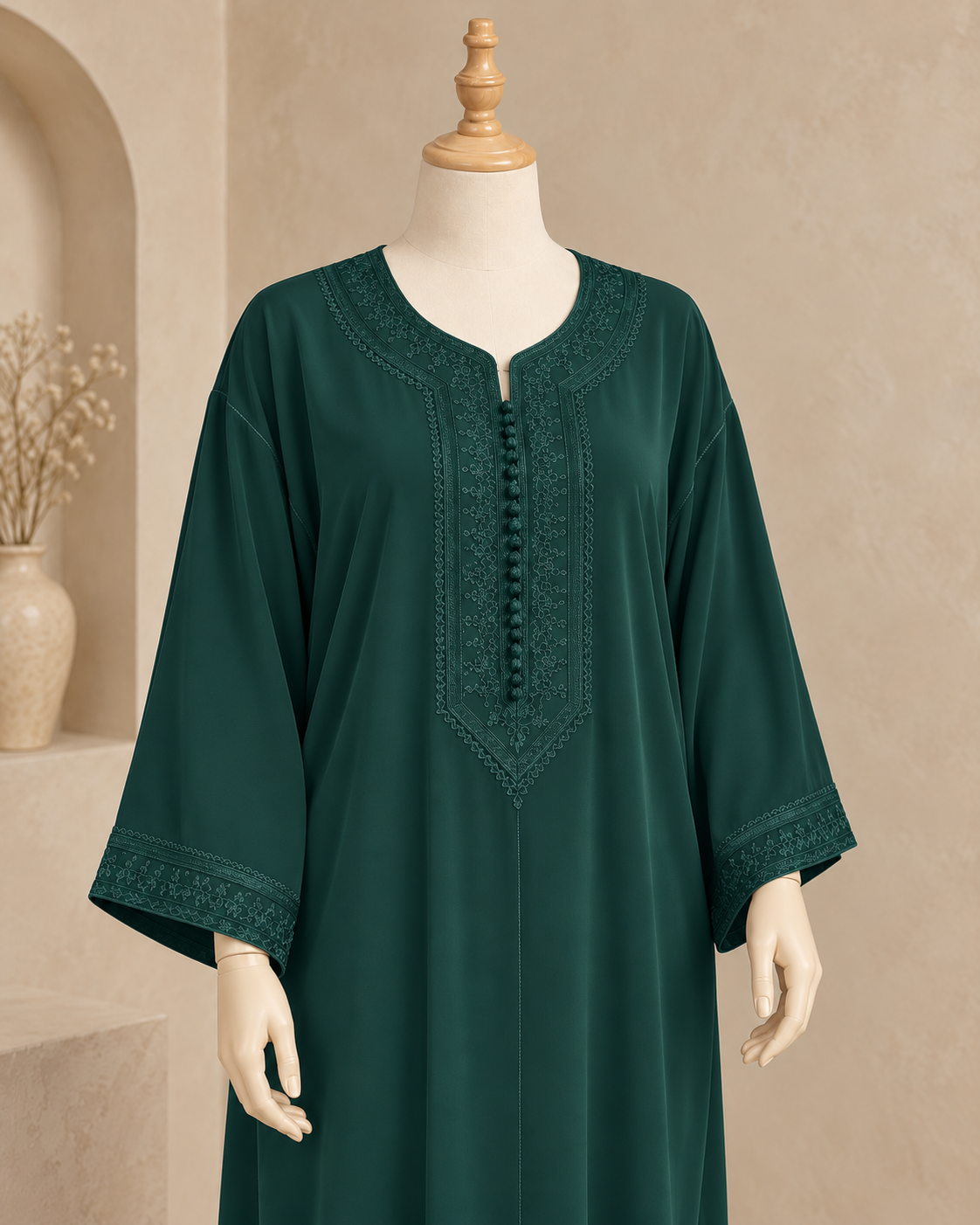 Kaftan marocain pour femme en crêpe de qualité supérieure, broderie traditionnelle, coupe "Makhzenia"